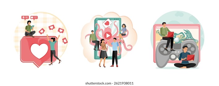 Business people with smart phones and tablet get like notifications. Screen addiction. Men and women are standing near big smart phone. Gaming disorder. People gamers playing online video game.