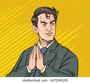 Business people smile,raise their hands to pay respect. Pop art retro vector illustration 