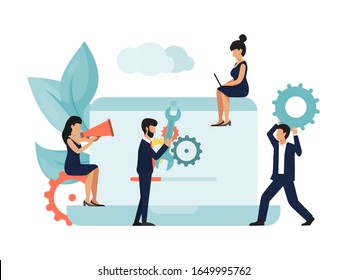 Business people with software upgrade process on laptop. Digital devices system update concept. System maintenance application team vector illustration