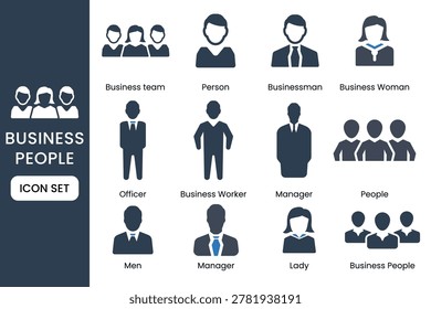 Business People Solid Vector Icon Set. Containing people, manager, businessman, person, team, businesswoman, lady, men, communication, group of people icons.