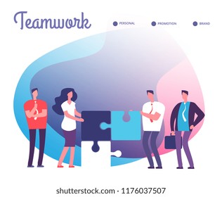 Business people solve puzzle. Development, easy solution and teamwork vector concept with employee characters and puzzle pieces. Teamwork business solution, employee make puzzle cooperation