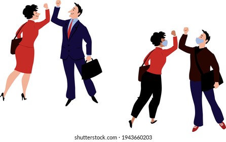 Business people, some of them wearing masks, greeting each other with elbow bump, avoiding handshake after Coronavirus pandemic, EPS 8 vector illustration