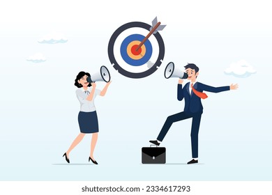 Business people speak on megaphone the same target, effective communication for team success and achieve goal, meeting or discussion to speak the same goal, communicate important purpose (Vector)