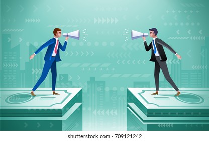 Business people with speakers standing on a bundles of money. Business debate concept vector illustration
