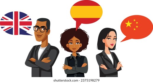 
Business People Speaking Different Languages Vector Cartoon Illustrations. Team of corporate man and women talking in their native language 
