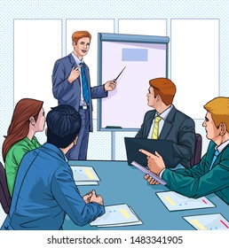 Business people are speaking at the meeting Write a report about the economy on the board Illustration vector On pop art comic style Dot background colorful