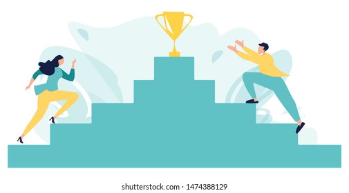 Business People or Sportsmen Climbing Stairs with Golden Goblet on Top. Business competition. Goal Achievement, Success, Leadership. Career planning. Business concept. Vector illustration, flat style.