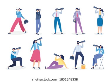 Business people with spyglass - cartoon team of men and women spying with telescopes to search for success and opportunity. Isolated vector illustration.