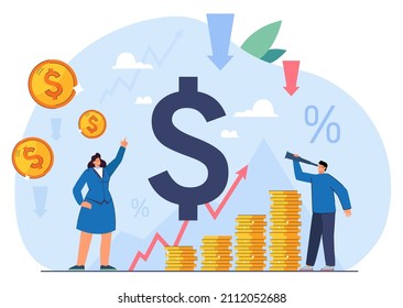 Business people with stacks of coins and arrow going up. Recession of value or worth of money in financial market, price increase flat vector illustration. Inflation, economy concept for banner