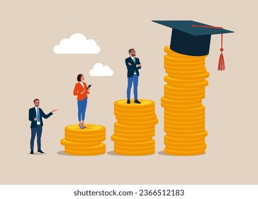 Business people with stacks of gold coins  wearing academic graduation hat mortarboard hat. Tuition fees, scholarship. Flat vector illustration