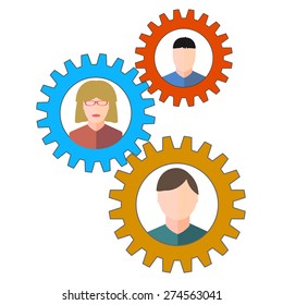 Business people and staff icons in circles depicting a set of gears for teamwork.