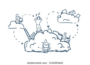 business people stairs on data cloud storage cycles synchronization concept team working on white background sketch doodle vector illustration