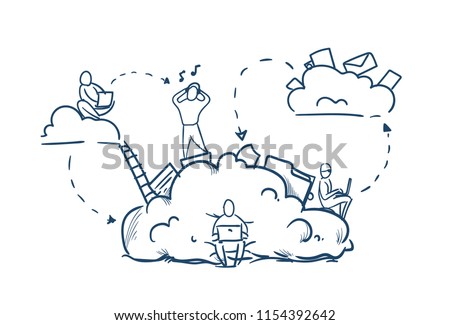 business people stairs on data cloud storage cycles synchronization concept team working on white background sketch doodle vector illustration