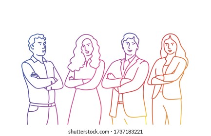 Business people stand with arms crossed. Rainbow colors in linear vector illustration.