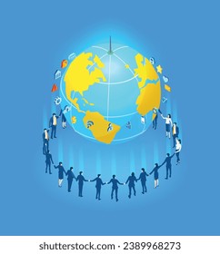 Business people stand around big globe, cooperating, international business concept. Isometric business environment. Infographic illustration