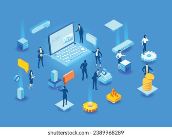 Business people stand around big computer, cooperating, sharing ideas concept. Isometric business environment. Infographic illustration