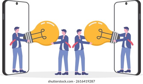 Business people stand around light bulb, generating new ideas, way to success, creative team, financial success, Vector illustration design concept in flat style

