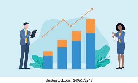 Business people stand by a bar graph. The man is holding a tablet and the woman is taking notes. The graph shows growth. Above the graph is a development and profit arrow. Flat design vector.