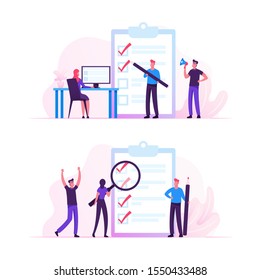 Business People Stand at Huge Clipboard with Check List Filling Marks by Pen Searching Solution and Thinking New Idea. Scheduling, Inspiration Creative Process Concept. Flat Vector Illustration