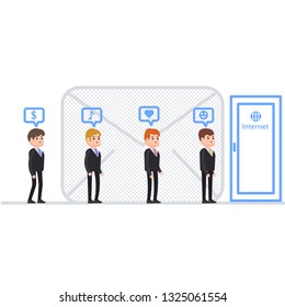 Business people stand in line to enter the door with the inscription Internet and ask their questions, people receive and send letters on various topics, characters in cartoon style