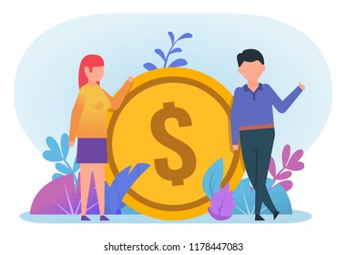 Business people stand near big golden coin. Financial success, wealth, savings. Business poster, card for presentation, social media, banner, web page. Flat design vector illustration