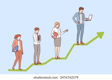 Business people stand on career progress line in form of graph, receiving promotions due to good work. Growth chart symbolizes progress through collaboration of colleagues to achieve common goal.