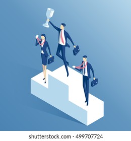 Business people stand on the podium with the cup and medals, isometric businessman with the cup in his hands jumping off the pedestal, business concept winner and success