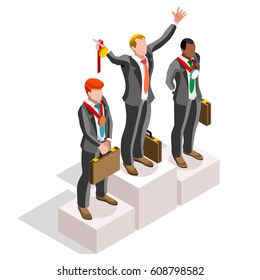 Business people stand on the podium winning a medal. Vector people 3D Isometric winner businessman exulting on the pedestal. Business success concept infographic isolated on light background