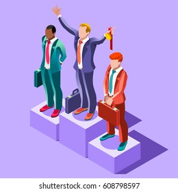 Business people stand on the podium winning a medal. Vector people 3D Isometric winner businessman exulting on the pedestal. Business success concept infographic isolated on violet background