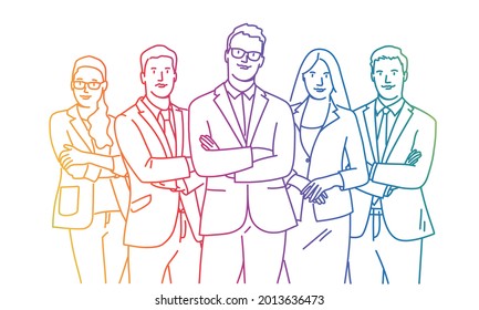 Business people standing with arms crossed. Rainbow color. Sketch vector illustration.