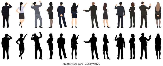 Business people standing with backs set vector silhouette. Cartoon different professional corporate employees talk, discussion of team of male and female characters, backside view isolated on white