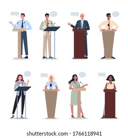 Business people standing behind a lectern. Office worker perform in front of group of co-worker set. Presenting business plan on seminar. Pointing at the graph. Flat vector illustration