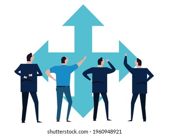 Business people standing brainstorming company direction  choosing path making decision 