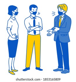 Business people standing and chatting together, wearing medical mask in protection of Coronavirus or Covid-19 outbreak. Outline, linear, thin line art, hand drawn sketch design, simple style. 