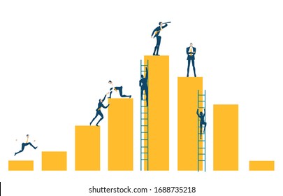Geschäftsleute, die auf die Wachstumsbars stehen und steigen, sich gegenseitig helfen, als Team arbeiten und in Zukunft nach besseren Angeboten suchen 