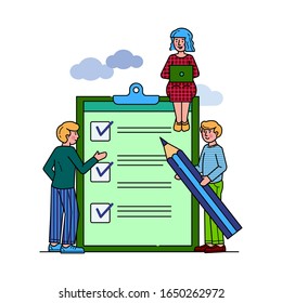 Business people standing at clipboard with checklist flat vector illustration. Filling check boxes with marks by pencil. Online survey, scheduling and voting concept.