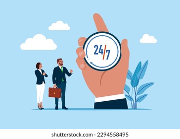 Business people standing with clock. 24-7 support service,  working hours. Open time. Success long term investment. Modern vector illustration in flat style