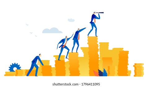 Business people standing to coin stags, looking for new business opportunities and investments. Business and success concept illustration 