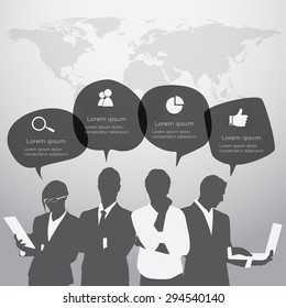 Business people are standing in front of large world map with the speech bubble.