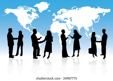 Business people are standing in front of a map, conceptual illustration