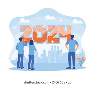 Business people standing in front of the number 2024. Looking at business opportunities and difficulties in the year ahead. Business in the New Year 2024 concept. Trend Modern vector flat illustration