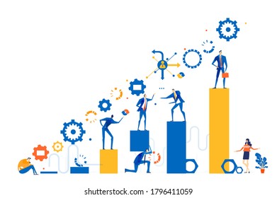 Business people standing at the growth charts, helping each other to make a progress together. 