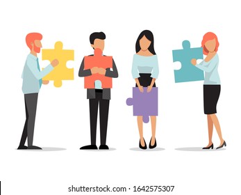 Geschäftsleute stehen und halten Puzzleteile. Teamwork Business Konzept der Einheit und Partnerschaft Vektorillustration Illustration. Männer und Frauen mit Rätsel stehen zusammen. Team von Büroangestellten