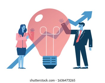 Business people standing with idea lightbulb and growth graph in the background. Creativity and successful concept. flat design elements. vector illustration