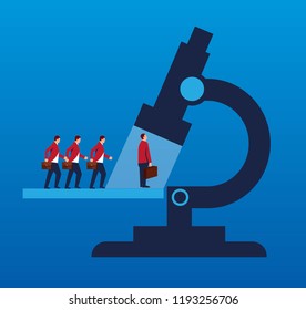 Business people standing in line under the microscope