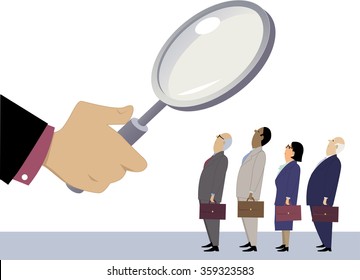 Business people standing in line under a magnifying glass, as a metaphor for employee performance evaluation, EPS 8 vector illustration, no transparencies