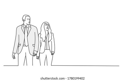 Business people standing. Man and woman. Line drawing vector illustration.