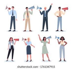 Business people standing with megaphone set. Making special promotion with loudspeaker. Speaker make announcement. Getting customer attention. Vector flat illustration