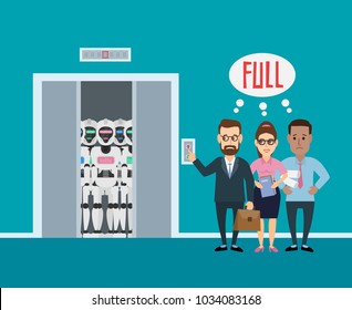 business people standing near elevator full of robots humanoid