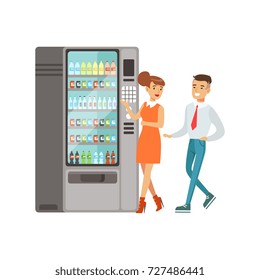 Business people standing next to automatic vending machine with drinks vector Illustration